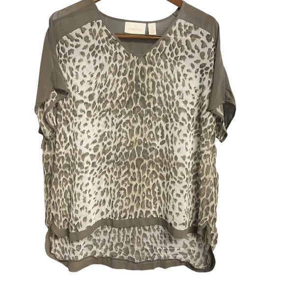 Chico's Animal Print Sheer Tunic Blouse Size L Brown Ivory Oversized Boxy Flowy - Picture 9 of 13
